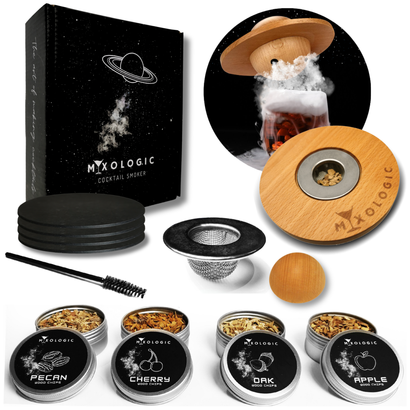 MIXOLOGIC Cocktail Smoker Kit, 4 Types of Wood Chips, Brush & 4 Glass Covers