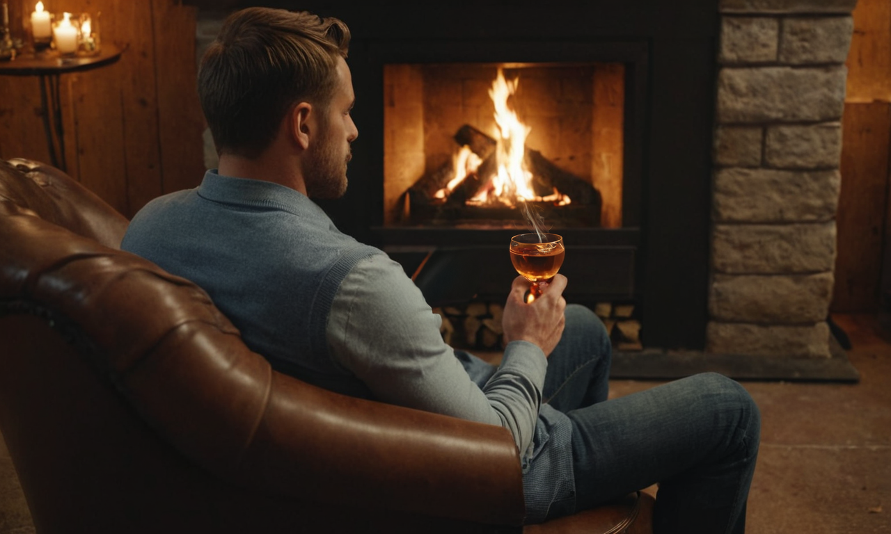 Man holding smoked whiskey by a fireplace