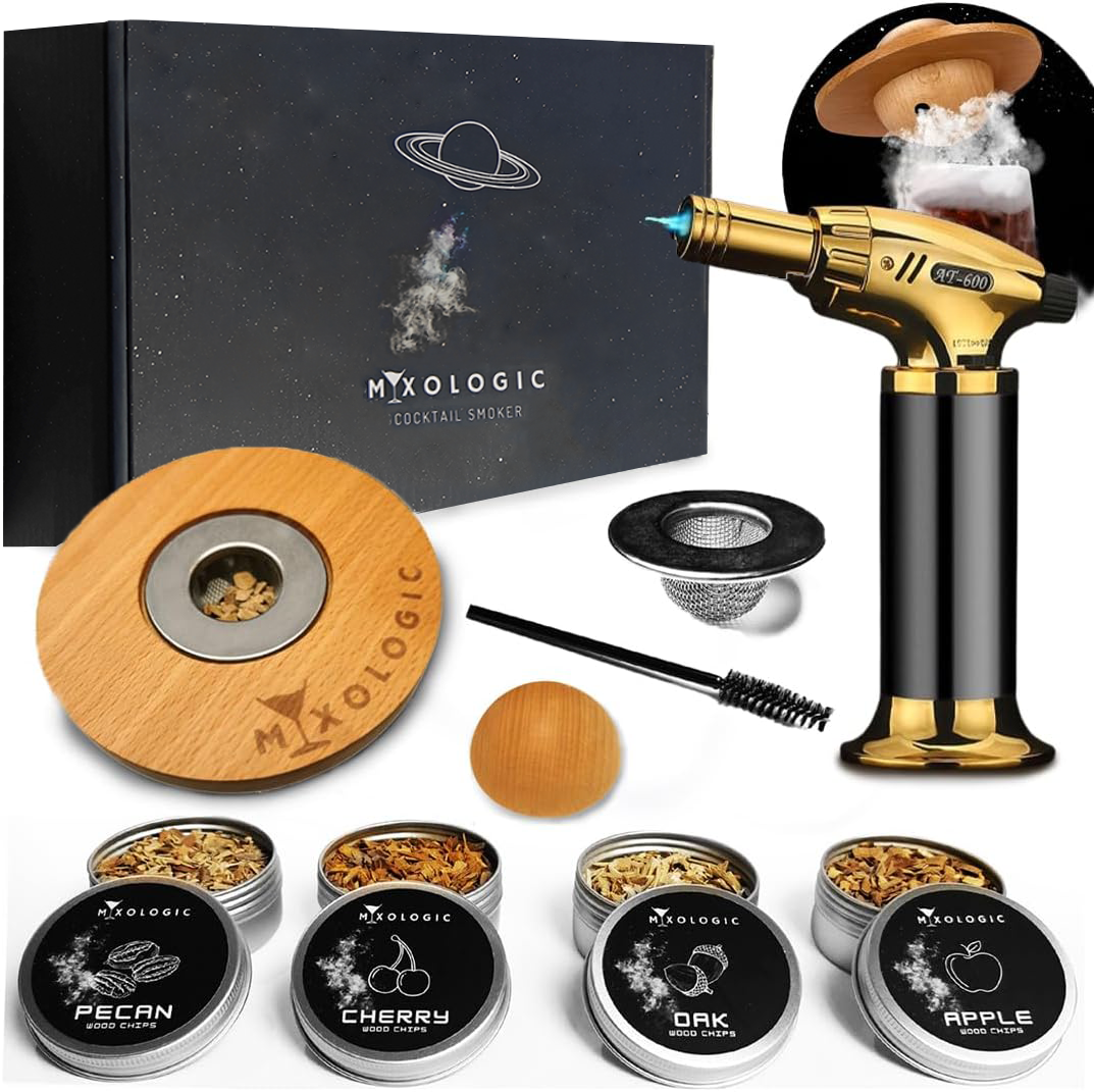 MIXOLOGIC Cocktail Smoker Kit with Torch, 4 Wood Chips, Brush, Whiskey Kit, Whisky Smoker, Gift for Men