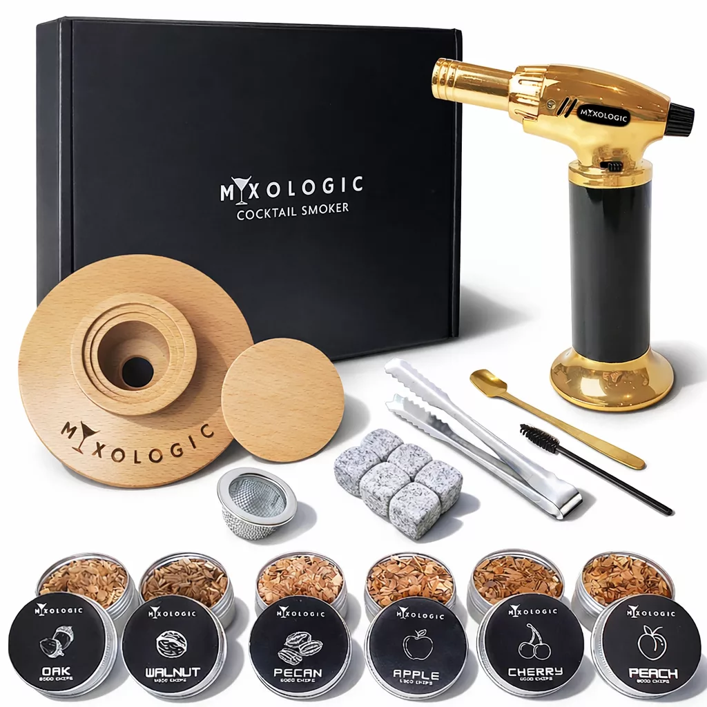 MIXOLOGIC Cocktail & Whiskey Smoker Kit with Torch, 6 Wood Chips, Chilling Whisky Stones and Accessories