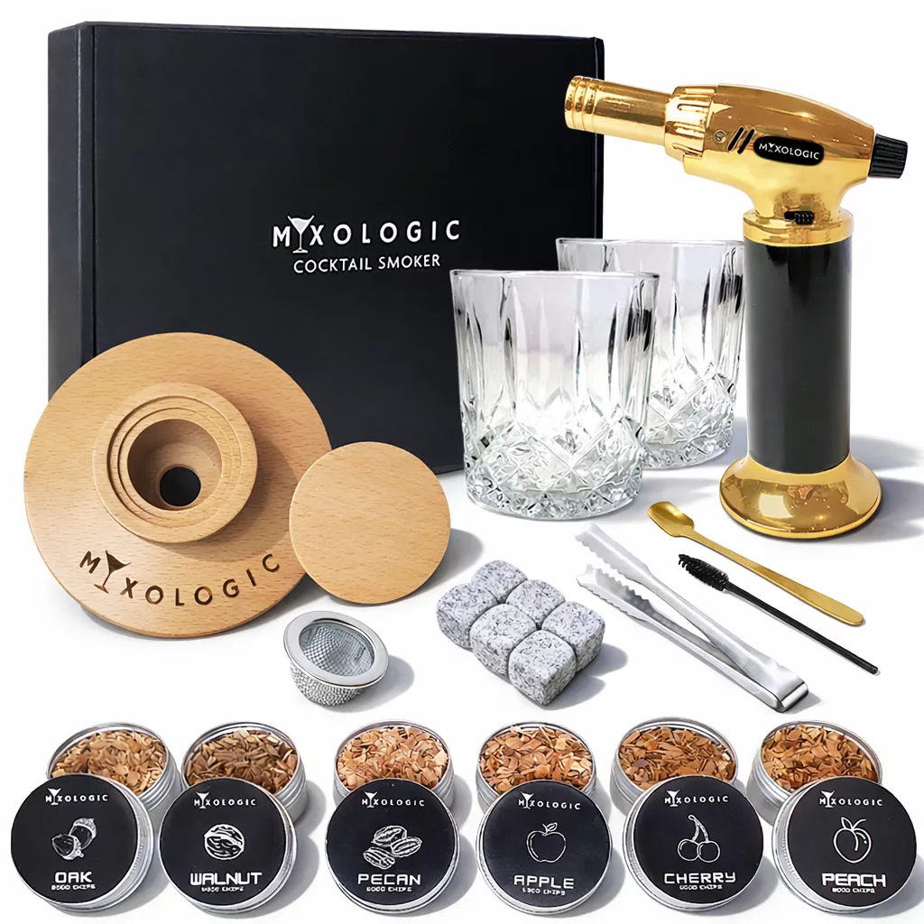 MIXOLOGIC Cocktail & Whiskey Smoker Kit with Torch, 2x Glasses, 6 Wood Chips, Chilling Whisky Stones and Accessories